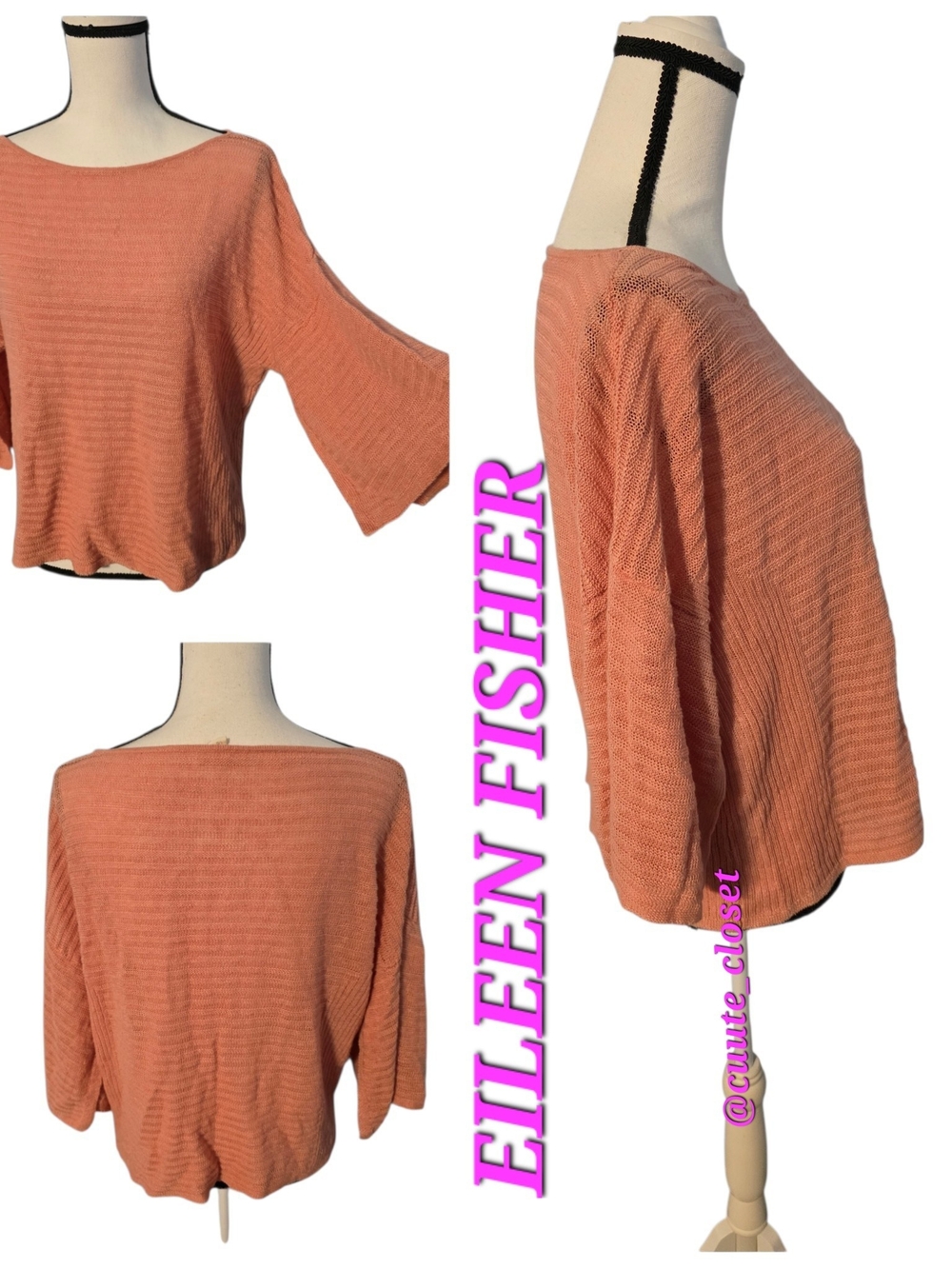 Eileen Fisher Organic Linen Coral Peach Ribbed Bell Sleeve Crop Sweater